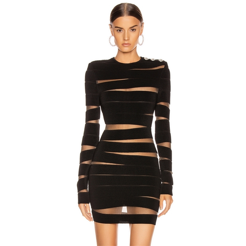 Adyce 2021 New Autumn Black Lace Bandage Dress Women Sexy Long Sleeve Hollow Out Club Mini Celebrity Evening Runway Party Dress 210303