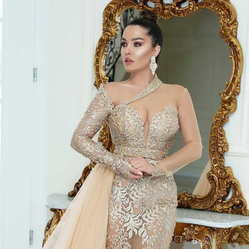Sparkly Luxury Lace Mermaid Evening Dresses Beaded Appliqued Long Sleeves Sheer Neck Prom Dresses Vintage Customize Formal Party Gowns