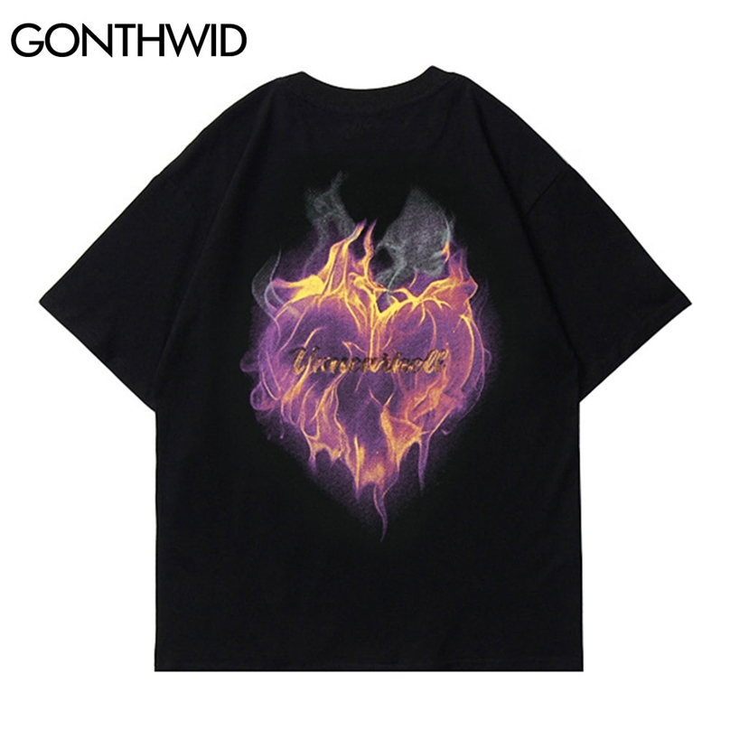 Tees Shirts Streetwear Fire Flame Burning Heart Tshirts Summer Harajuku Fashion Hip Hop Loose Short Sleeve T-Shirt Tops 210602, White