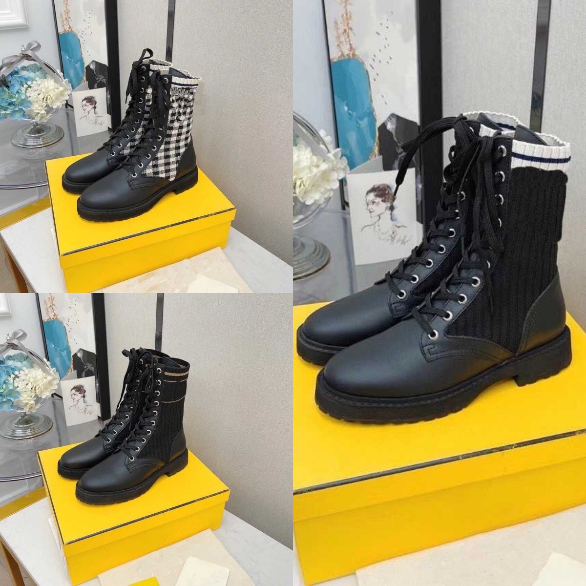 2021 Designer Women Rockoko Boots Combat Ankle Top Quality Martin Boot Luxury Brand Leather Biker Knit Stretch Fabric Shoes Winter Platform Mid-Top Booties With Box
2021 Designer Women Rockoko Boots Combat Ankle Top Quality Martin Boot Luxury Brand Leather Biker Knit Stretch Fabric Shoes Winter Platform Mid-Top Booties With Box