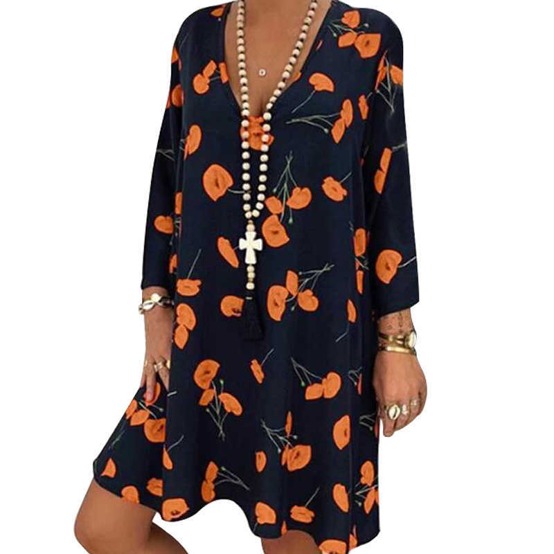 Spring Summer Office Plus Size Dress Women Floral Print V-neck Long Sleeve Mini Dress Elegant Woman Loose Casual Dresses 210630
