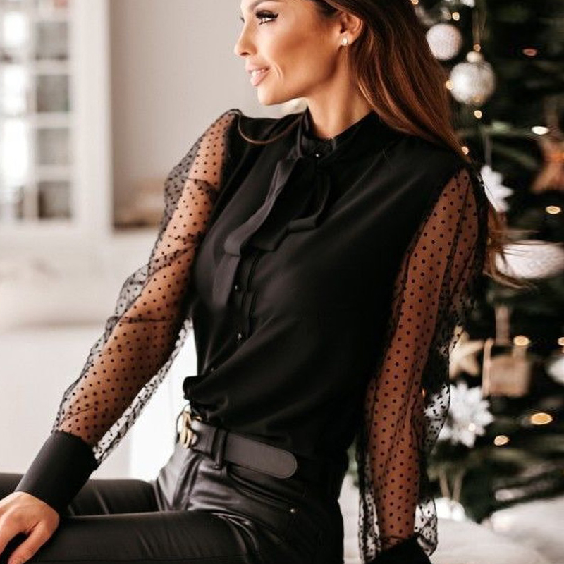 New Korean Fashion Mesh Plus Size Shirt Women White Black Dot Blouse Women Casual Solid Long Sleeve Ladies Tops Blusas 12590. 210225