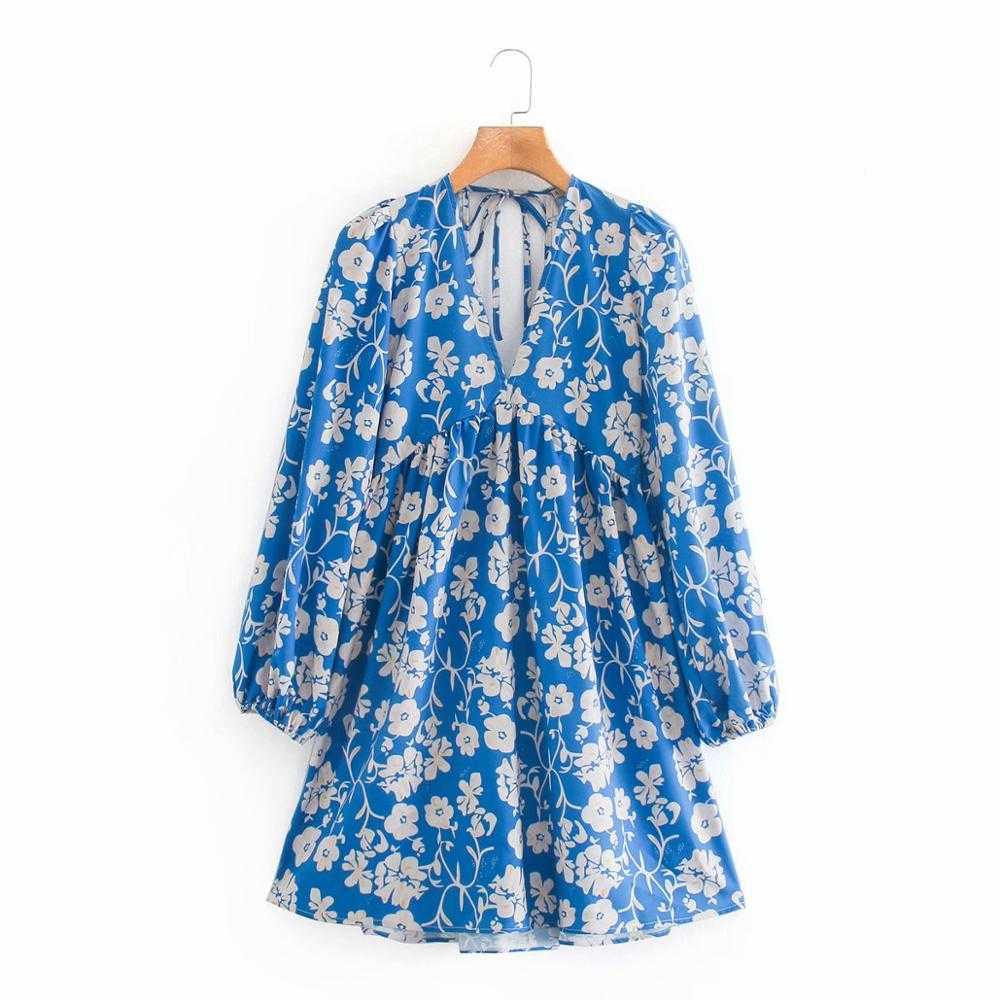 ZEVITY women vintage v neck tropical flower print mini dress female sexy backless elastic vestido chic casual dresses DS4502 210603