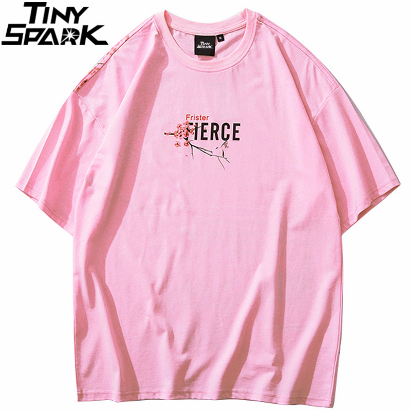 Men Hip Hop T Shirt Streetwear Japanese Sakura Painting Tshirt Short Sleeve Cotton Summer Harajuku T-Shirt Japan Style Pink 210225