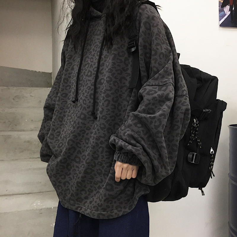 Plus Size Oversized Loose Hooded Leopard Hip Hop Sweatshirt Pullover Hoodies Women Harajuku Streetwear Punk Top Warm Fleece 201126