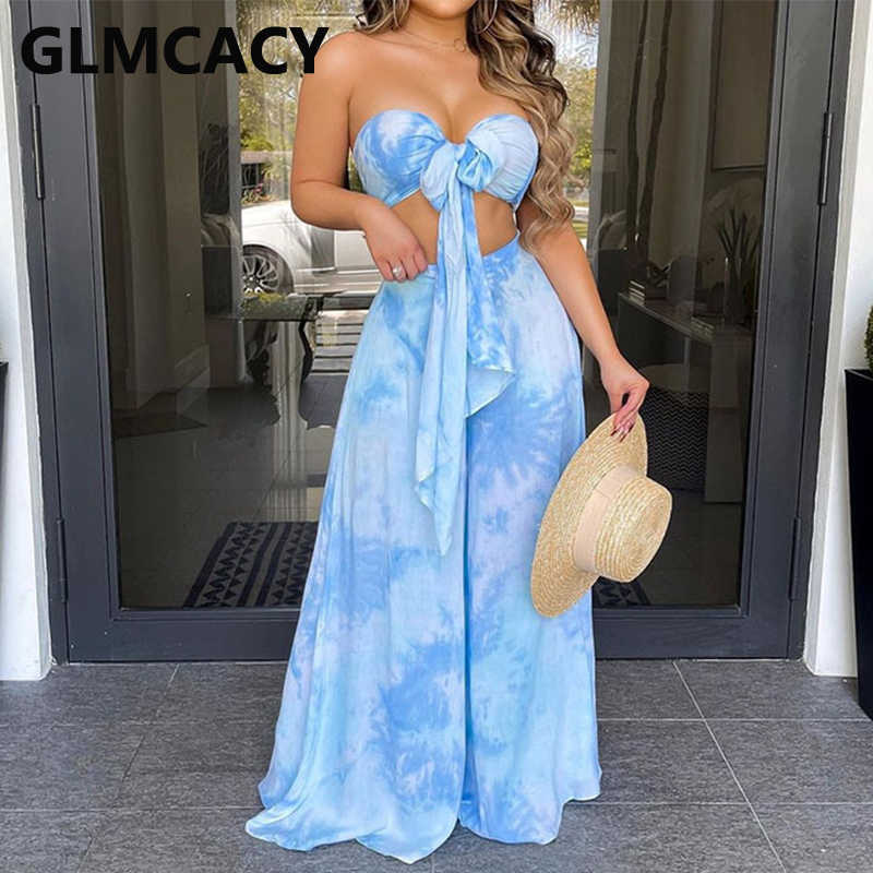Two Piece Sexy Suits Tie Front Tube Top & Wide Leg Loose Pants Set Summer Beach Outfits 210702