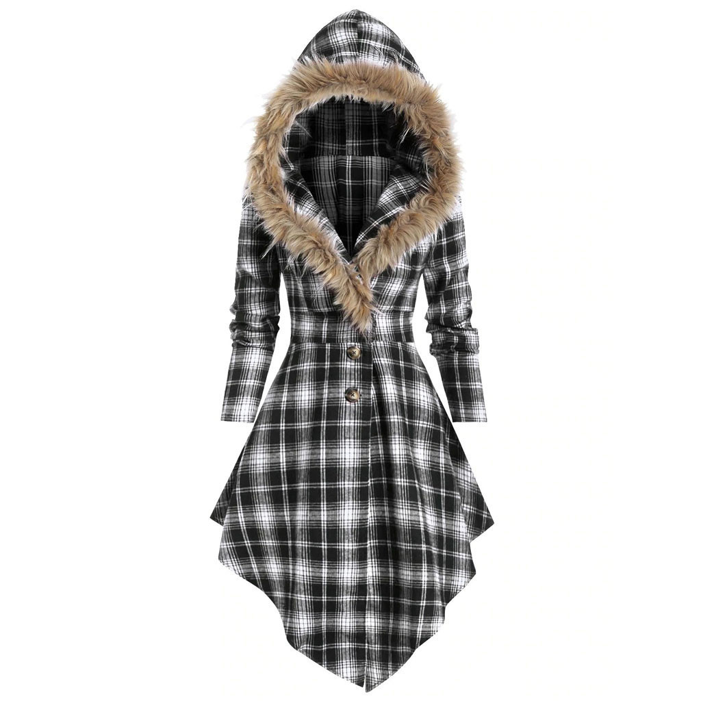 Winter Gothic Red Plaid Faux Fur Hooded Goth Back Lace-up Button Long Sleeve Plus Size Women Dress 201008