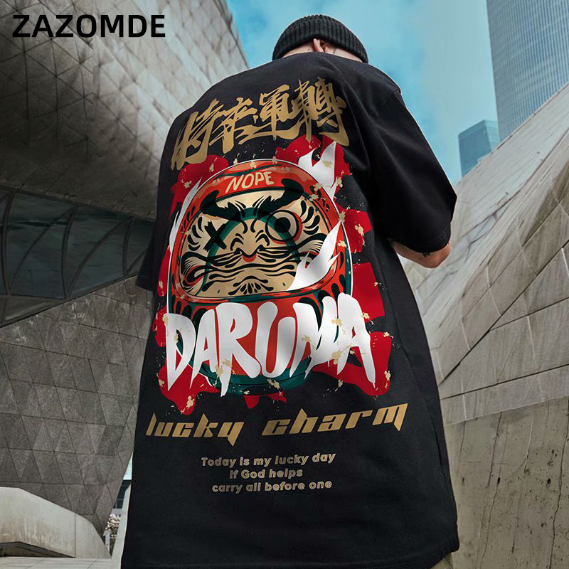 Men's T-Shirts Chinese Style Lucky Printed Short Sleeve Tshirts Summer Hip Hop Casual Cotton Tops Tees Streetwear 210225