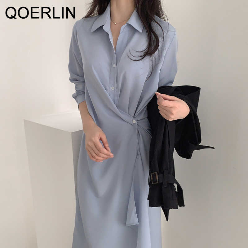 Solid Black Blue Long Shirt Dress Women Fashion High Waist Temperament Gentle Vestidos Plus Size 210601