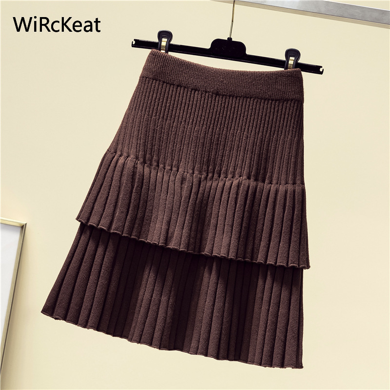 WiRcKeat Warm Knitted Mini Skirt Female Autumn Winter Ruffler Womens Skirt Solid Short High Waist Skirt Women Casual 210306