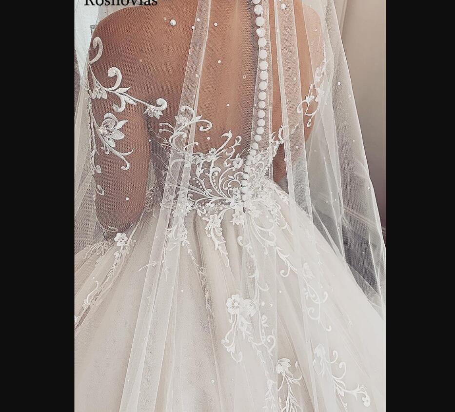 Gorgeous Wedding Dresses Bridal Gown Long Sleeves Lace Applique Chapel Train Scoop Neck Tulle Country Beach Beaded Covered Buttons Back Vestido De Nov