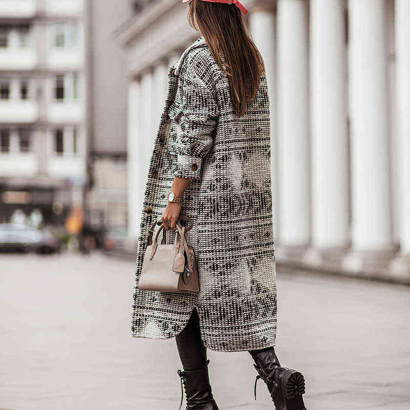 Women Elegant Pattern Print Long Overcoat Winter Casual Single Breasted Long Sleeve Cardigan Jacket Autumn Blend Wool Outerwear 211130