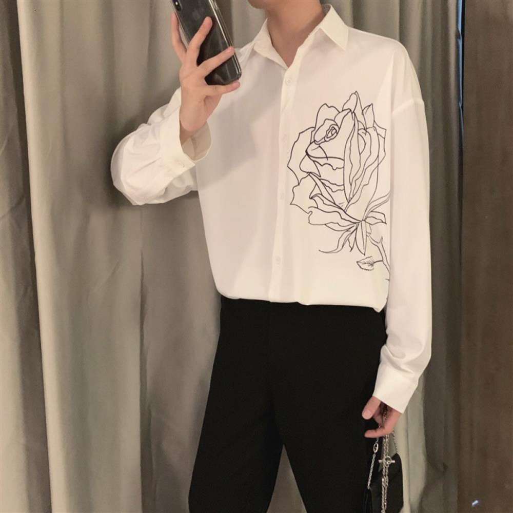 Spring and autumn new design line Rose Print Korean Long Sleeve Black White Shirt Men's loose, White;black
Spring and autumn new design line Rose Print Korean Long Sleeve Black White Shirt Men's loose, White;black
