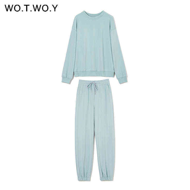 WOTWOY Elastic Waist Casual Sweatshirt Women 2 Pieces Matching Pants Sets Autumn Winter Loose Tracksuits Female Solid Pullovers 211108