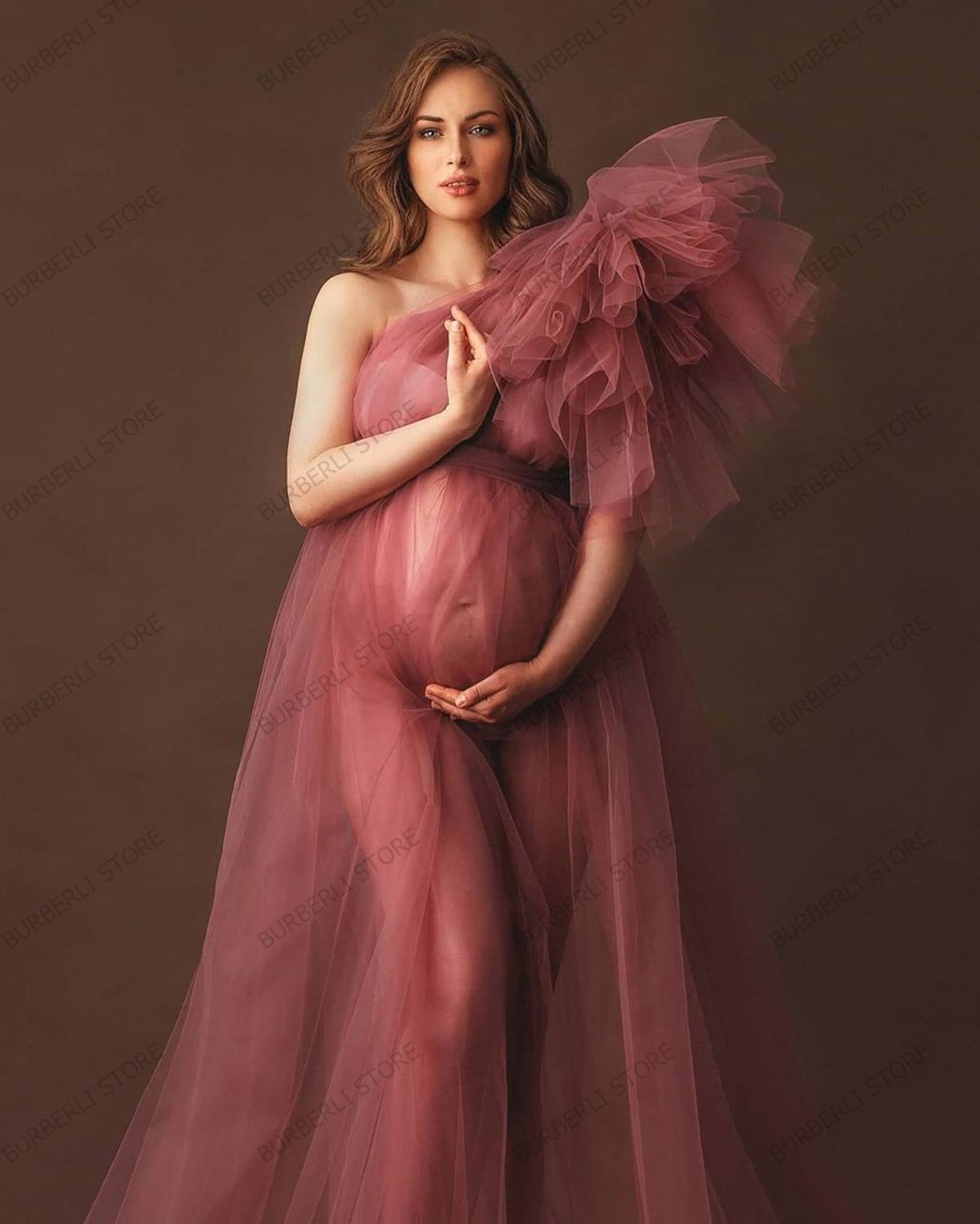 Elegant One Shoulder Tulle Maternity Dresses See Through Sexy Women Plus Size Tulle Maternity Dressing Gowns For Photography 210302