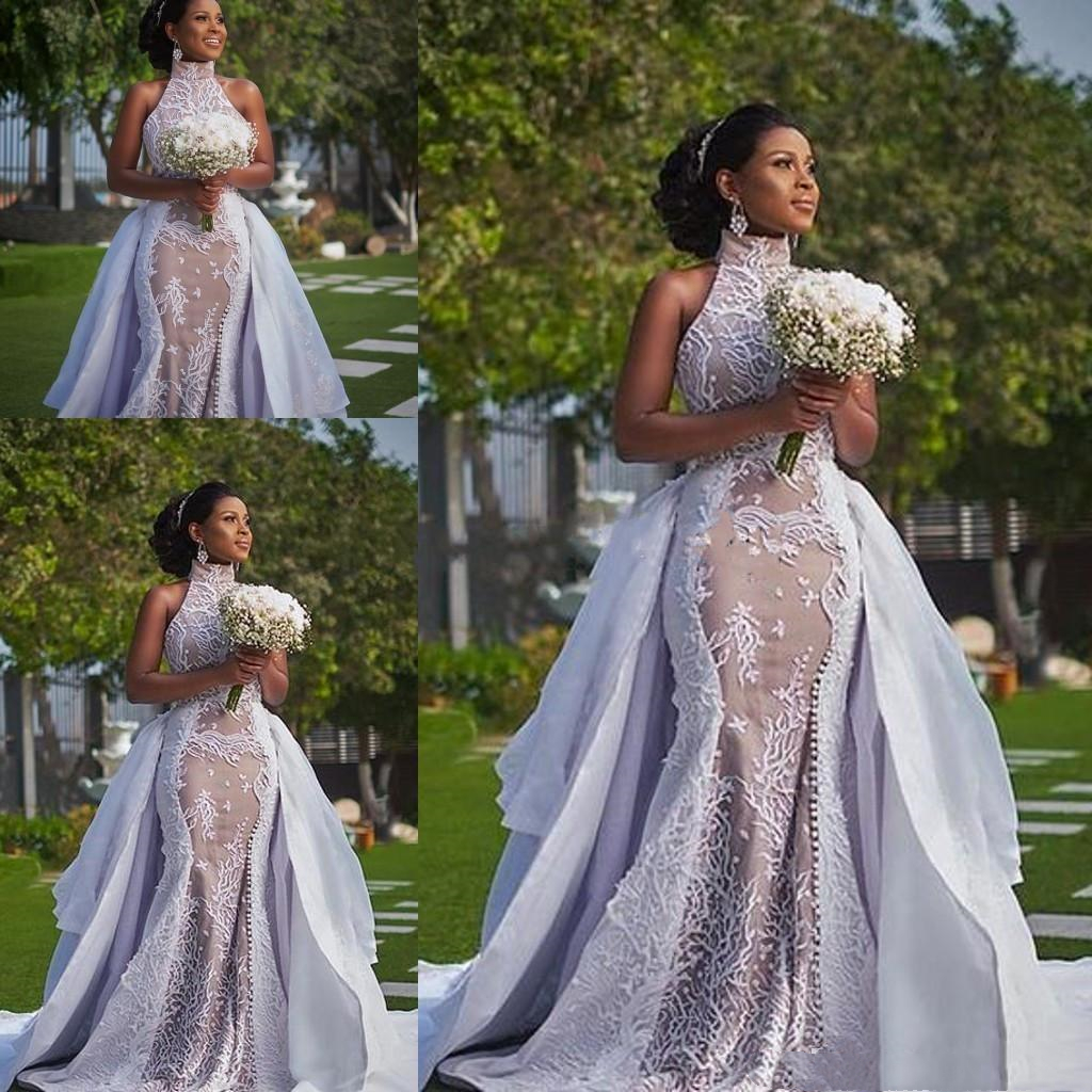 Luxury High Neck African Mermaid Wedding Dresses With Detachabe Train Skirts 2022 Sleeveless Long Garden Bridal Wedding Gowns Lace Plus Size Bride For