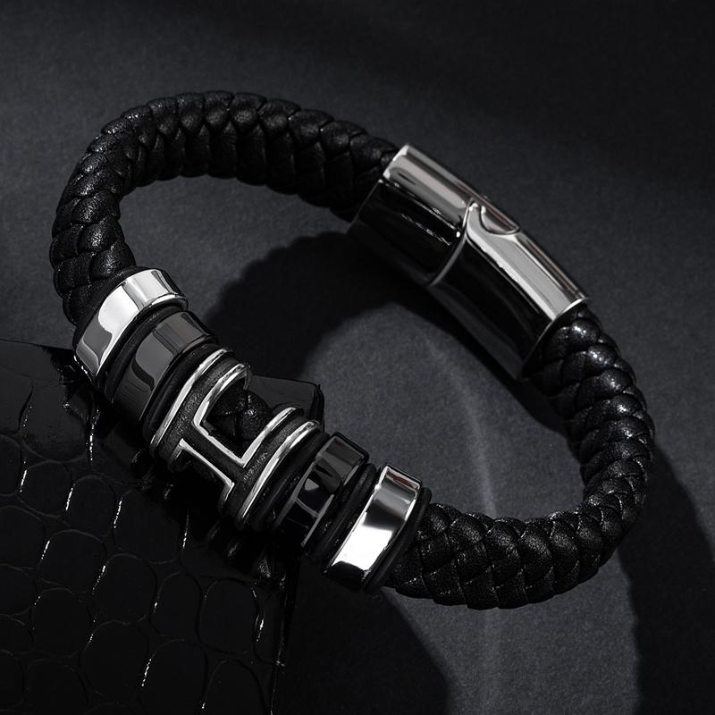 Charm Bracelets Fashion Punk Men Bracelet Braided Leather Hand Bangles Stainless Steel Letter H Magnetic Clasp Wristband Party Jewelry Gift
