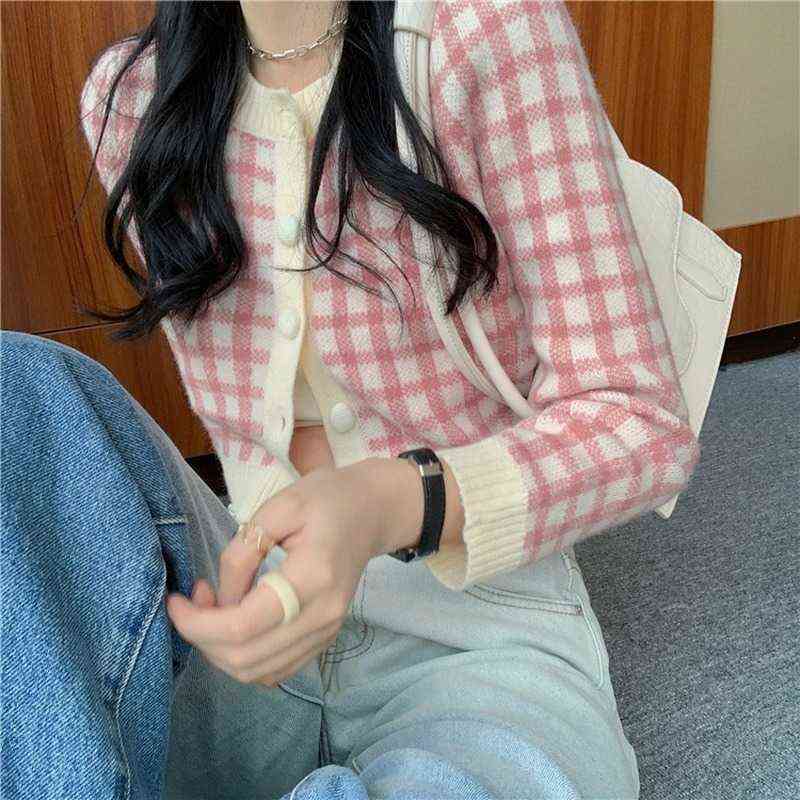 OCEANLOVE Plaid Sweaters Women Short Slim Korean Ins Fashion Autumn Winter Cardigans Sweet Chaqueta Mujer 18825 211109