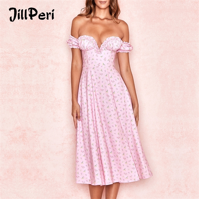JillPeri Off The Shoulder Midi Dress Summer Floral Side Open Vacation Holiday Outfit Short Sleeve Sexy Sundress 210309