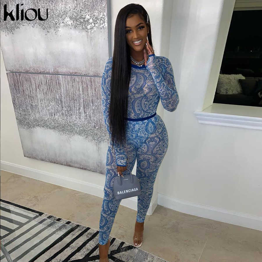 kliou fashion pattern Print Mesh Spliced Two Piece Set Women Long Sleeve See Through Bodysuit leggings slim 2 Piece Outfit 210714 - view 6