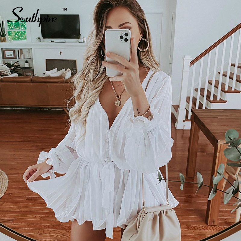 Southpire Women Long Butterfly Sleeve Draped Dress Ladies Daily Spring Summer Vestidos Elegant Ruffle Chiffon VNeck Party Dress 210303