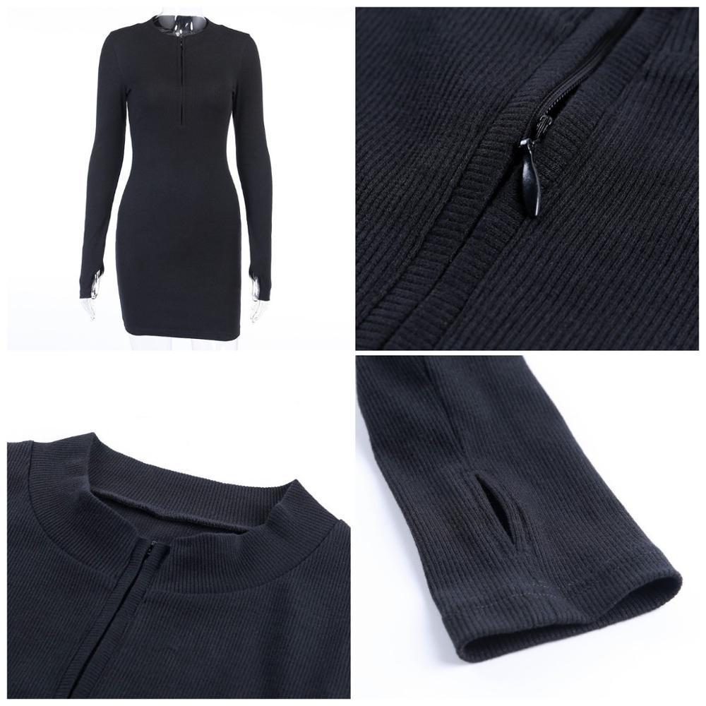 Bodycon Dress For Women - Long Sleeve Zipper Short Knitted Mini Dress, Black Sexy Club Party Dresses