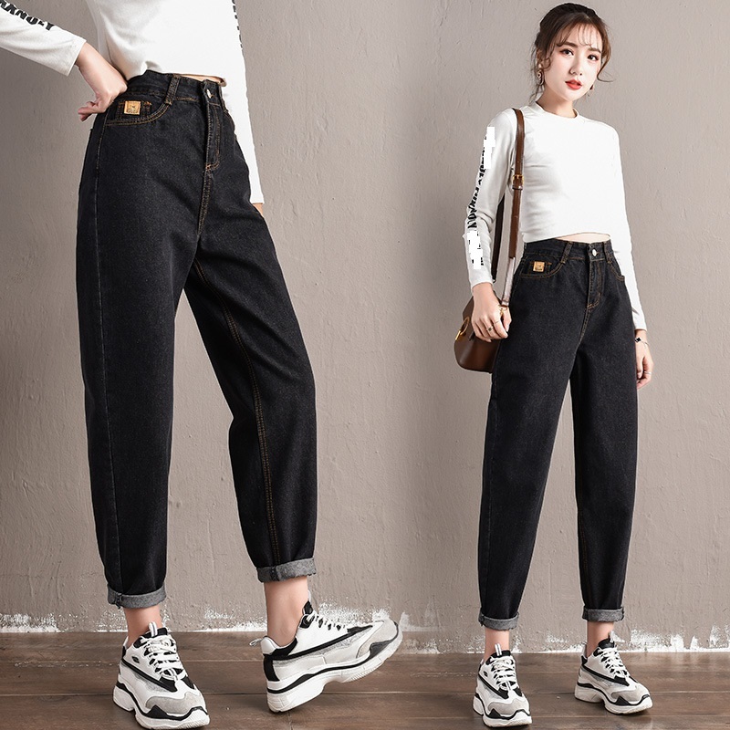 Black Jeans High Waist Loose Denim Harem Pants Wide Leg Ankle-Length Pants cargo pants women Mom Baggy Jeans Fall Women 210302