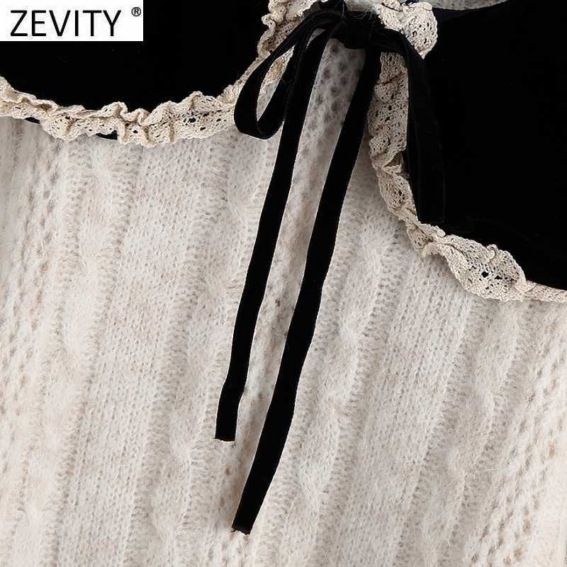 Zevity Women Sweet Velvet Collar Lace Ruffles Patchwork Knitting Sweater Female Chic Long Sleeve Casual Slim Pullovers Tops S513 210603
