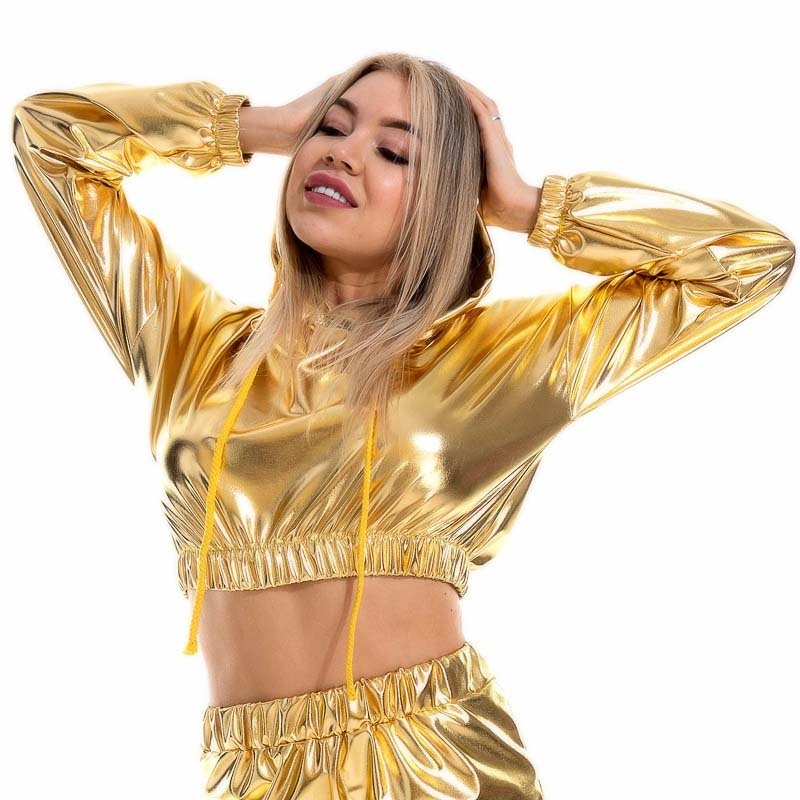 Sexy Cropped Holographic Hoodies Women Shiny PU Metallic Hoody Long Sleeve Short Sweatshirt with Drawstring Pullovers Streetwear 201212