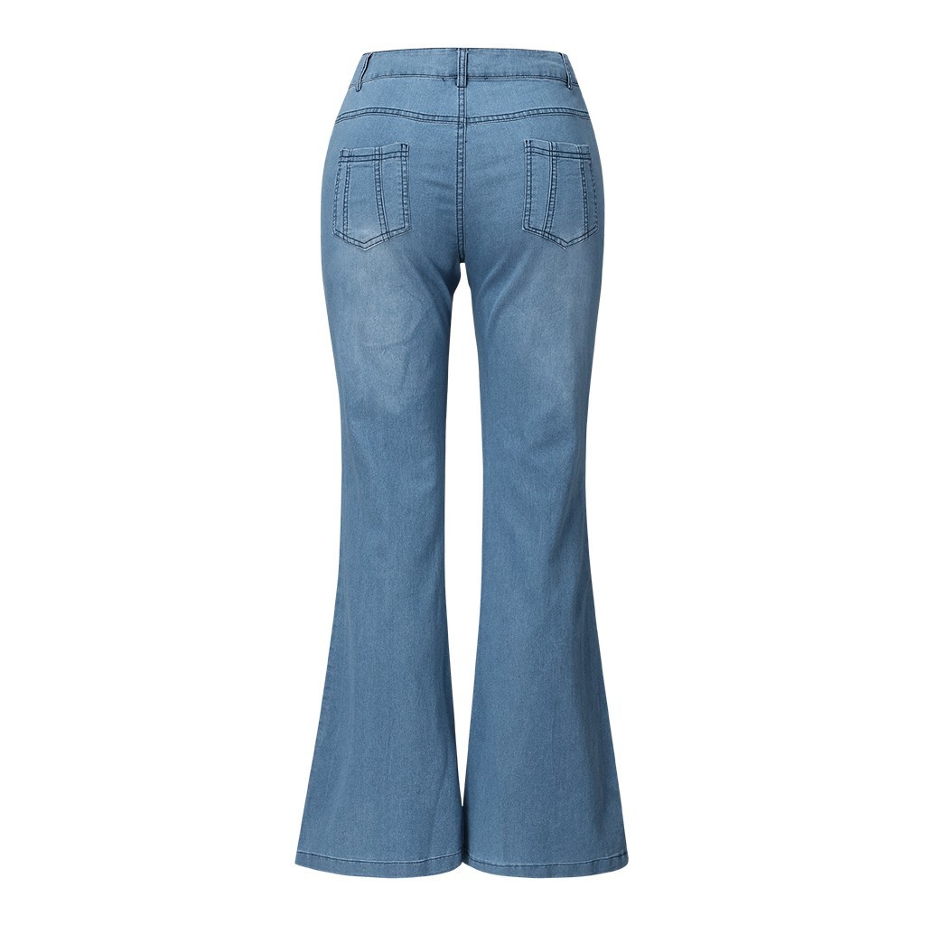 Women Embroidery Flowers Destoryed Flare Jeans Button Waist Bell Bottom Denim Pants Autumn Winter Pants Trousers 210222