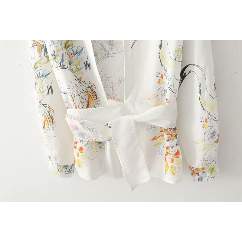 new women vintage cross v neck printing casual kimono blouse belt chic shirt retro long sleeve femininas blusas tops T200321