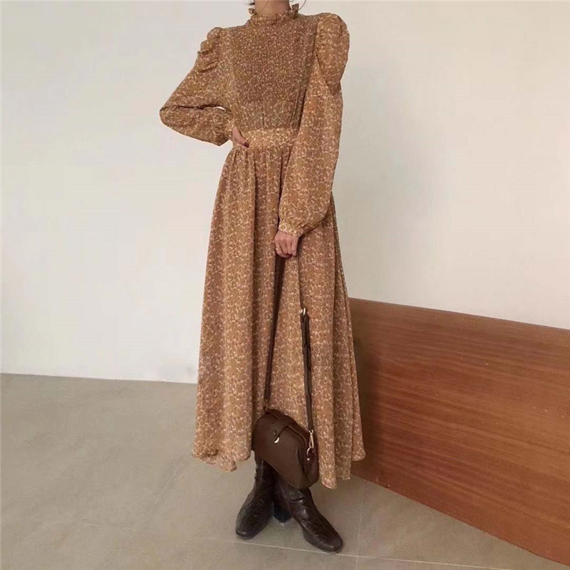 HziriP Style Retro Chic Office Lady Elegant Print ALine Floral Gentle FullSleeved WaistControlled Long Dresses 210309
