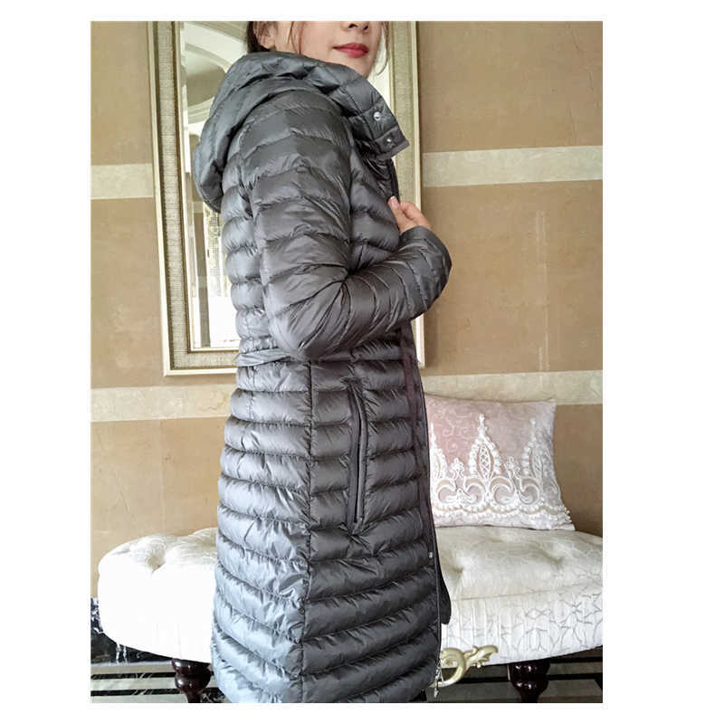 High Quality Women Fashion Light and Warm Down Jackets Winter Hooded Zipper Waist Adjustable Long Down Coats Casual Clothes 210819