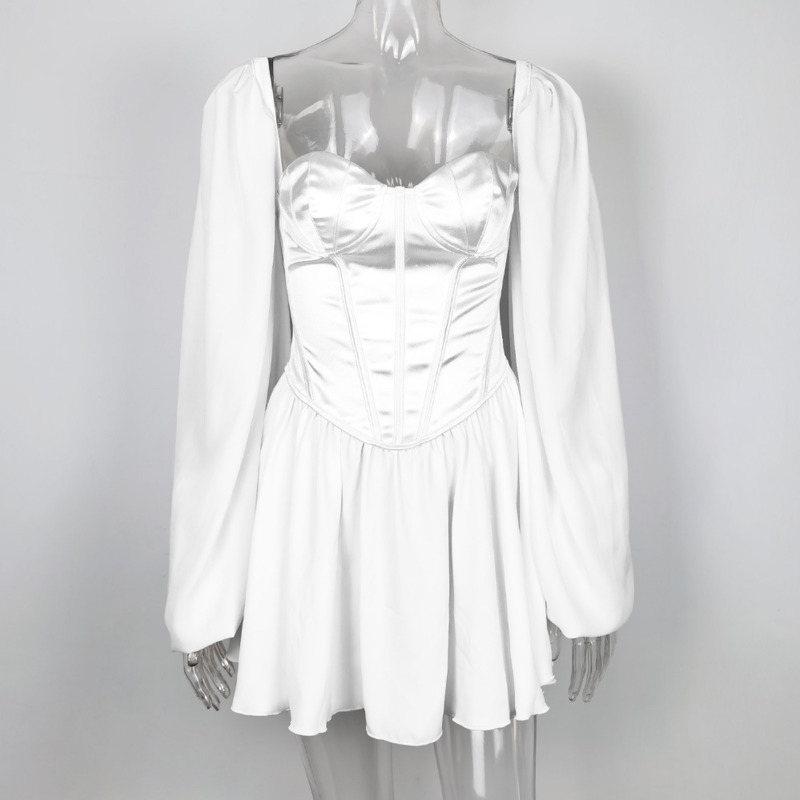 Women Bodycon Dress Female Lantern Sleeve Y2K Corset Chiffon Dresses White Autumn Beach Vacation Outfit Sexy Party Mini Dress 210222