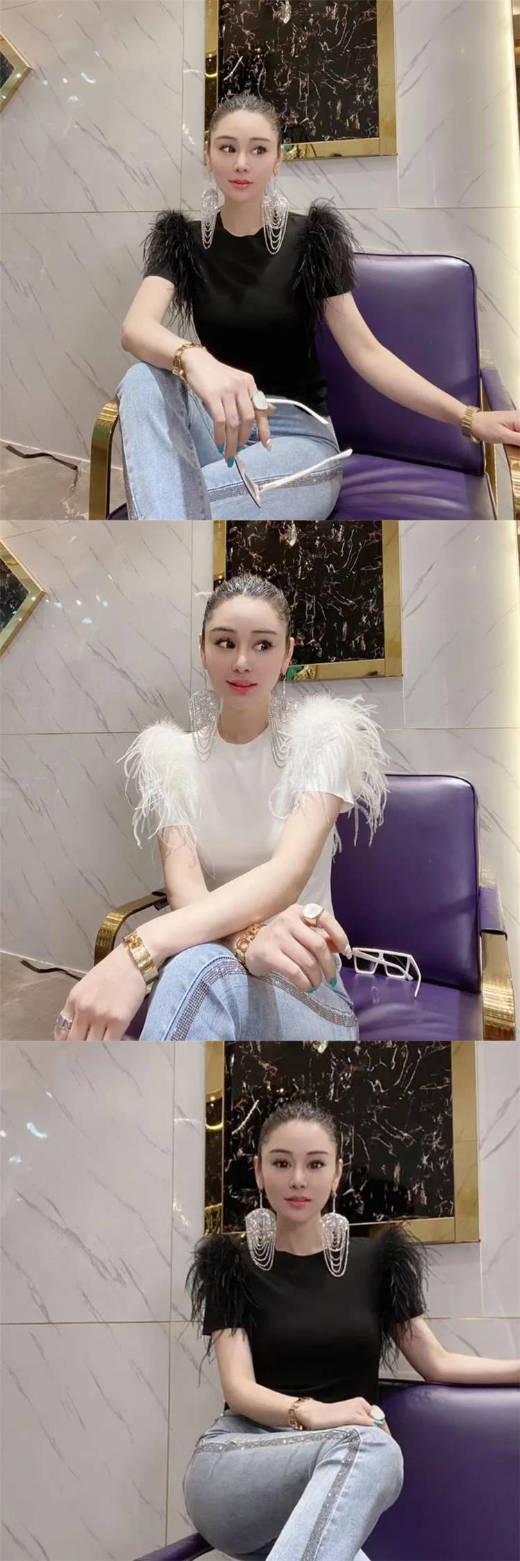 New design womens cute sweet luxury feather tassel patchwork short sleeve knitted o-neck bodycon slim waist tees SML