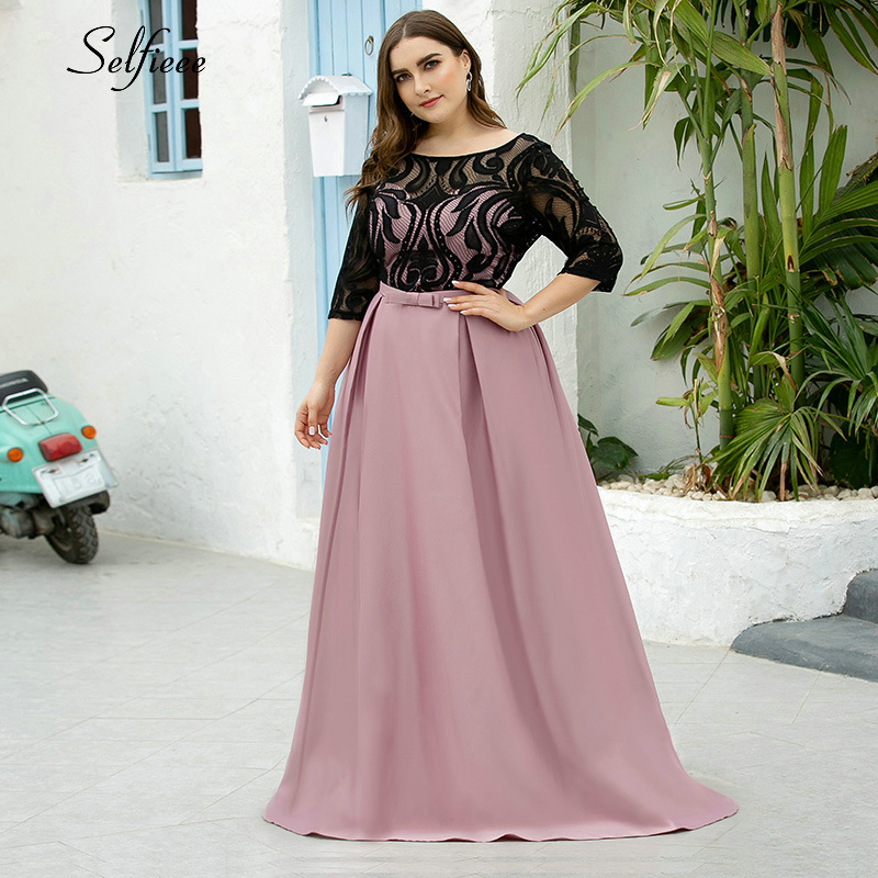 Elegant Dresses A-Line O-Neck Empire Bow Lace Contrast Color Sexy Woman's Dresses Evening Formal Party Gowns Plus Size Robe 210309