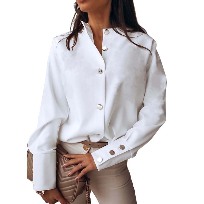 Autumn White Blouse Womens Casual Fashion Stand Collar Long Sleeve Plus Size Office Ladies Shirt Elegant Female Tops And Blouses 210225