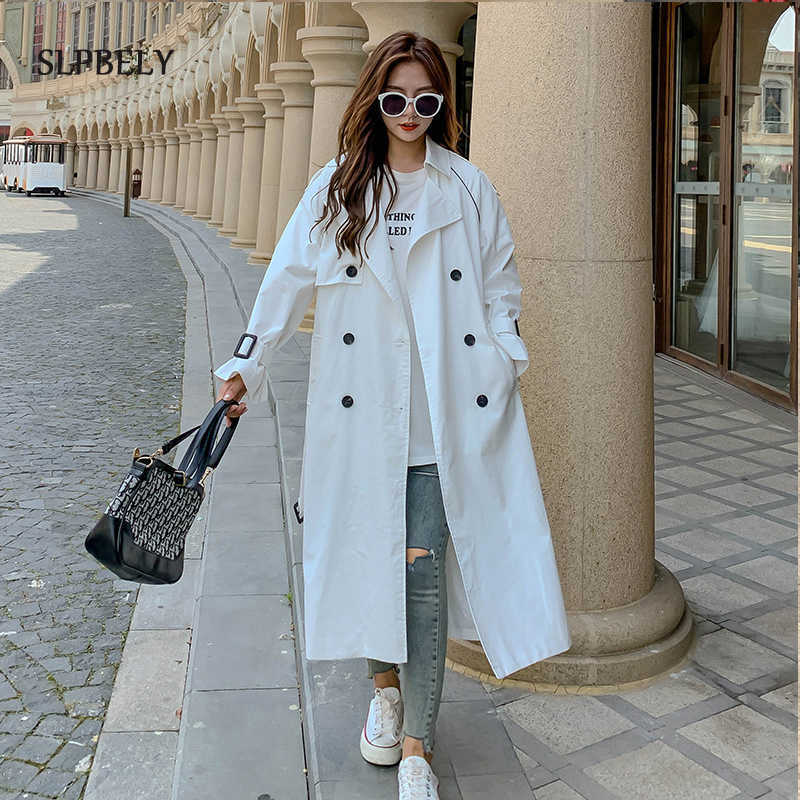 SLPBELY Women Trench Coat Windbreaker White Double Breasted Korean Style Lady Office With Belt Female Outerwear Spring 210820