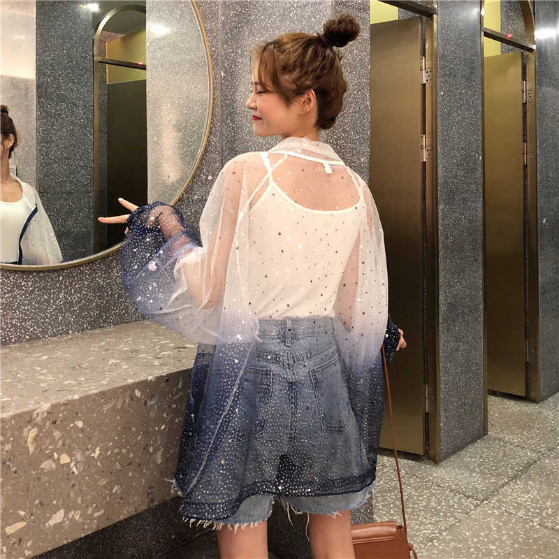 Harajuku Sun Protection Coat Long Sleeve Transparent Jacket Gradient Sequin Female Jacket Women Thin Plus Size Feminine Coat 210722