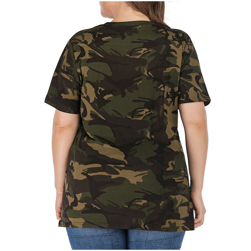 Plus Size Ripped Hollow Out Camouflage Printing Tees 3XL 4XL Women Summer Streetwear Lace Up Short Sleeve T-Shirts Tops 210306