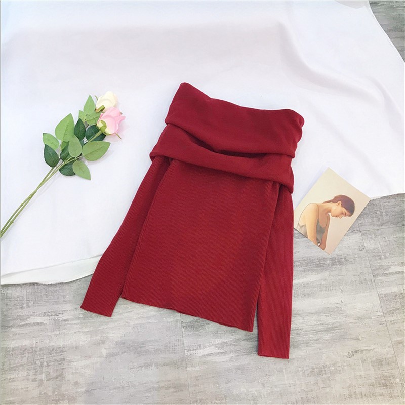 Spring Autumn off Shoulder Women Sweaters Elegant Vintage Knitted Solid Jumper High Stretch Top C-077 210218