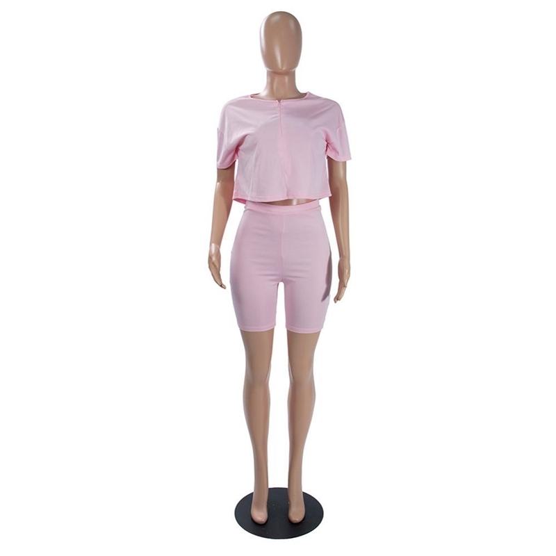 pink Tracksuit 2 piece set woman Crop Top + Pants Short Sleeve Deep V-neck Summer Cloth For Women Outfits Solid 7 Color T200706