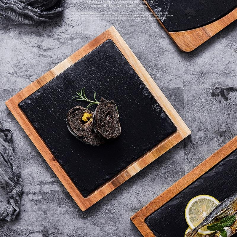 Dishes & Plates Natural Wood Steak Serving With Slate Stone Charcuterie Board Sushi Dessert Plate BBQ Grill Fish Tray