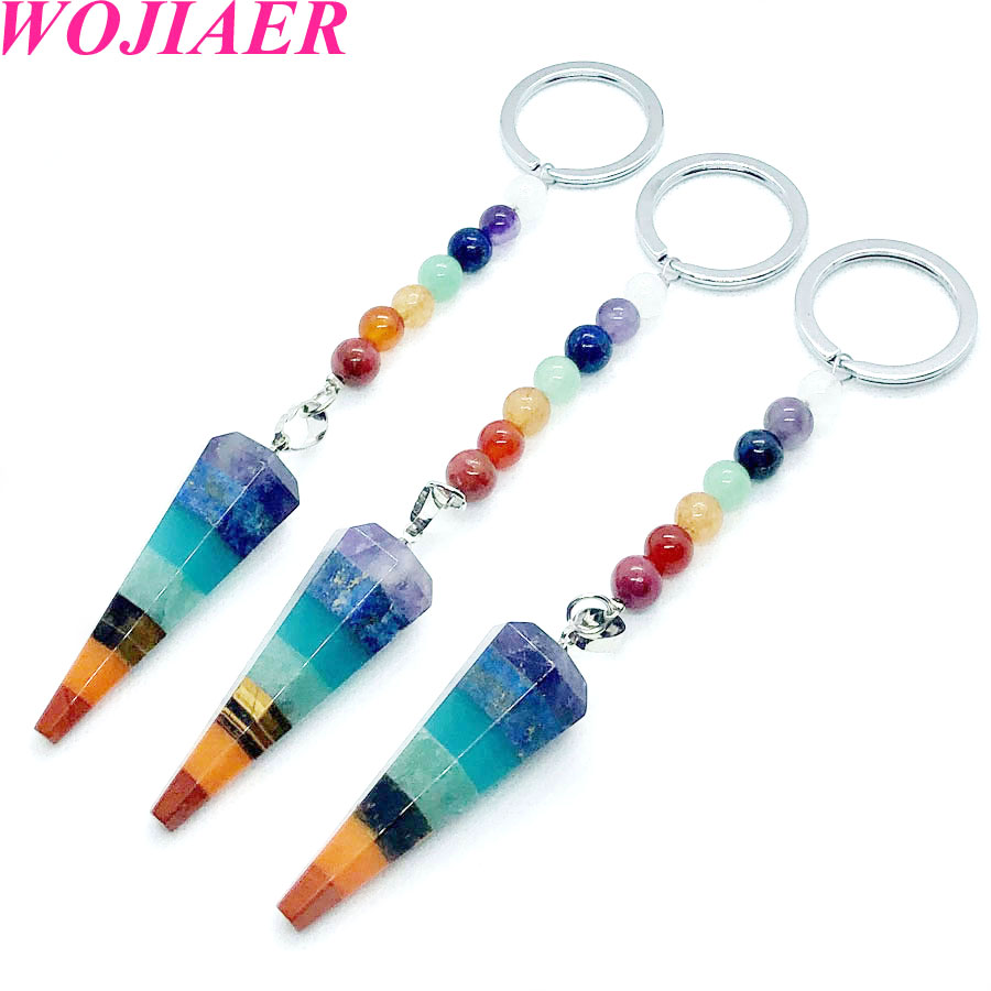 WOJIAER Assorted Natural Stone Keychain Ring Key Chain Pendulum Crystal Car Bag Accessories 7 Chakra Healing Reiki Beads BW912