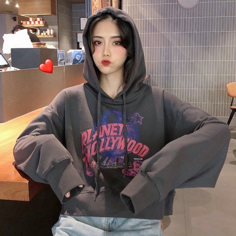 Short hooded sweatshirt Harajuku street ladies hoodie style Korean ladies long sleeve tops and shirts for women 201203