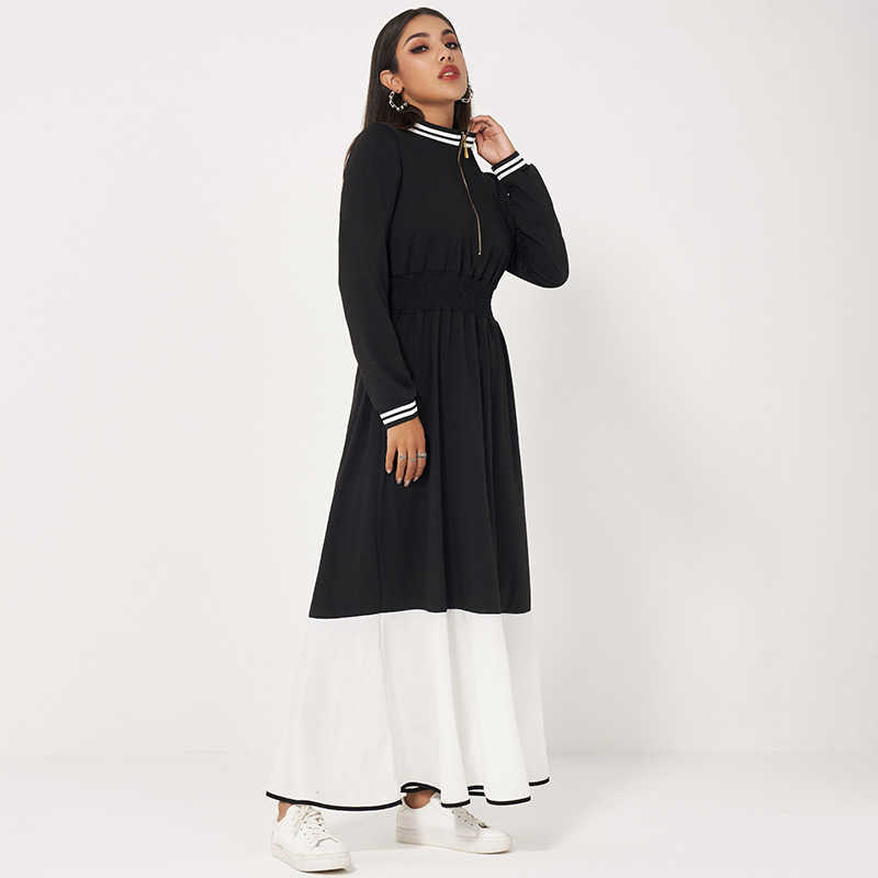 MAI&FUN Womens Dress Casual Sports Metal Zipper sSretch High Waist Contrast Color Stitching Long Sleeve Casual Dress 211023