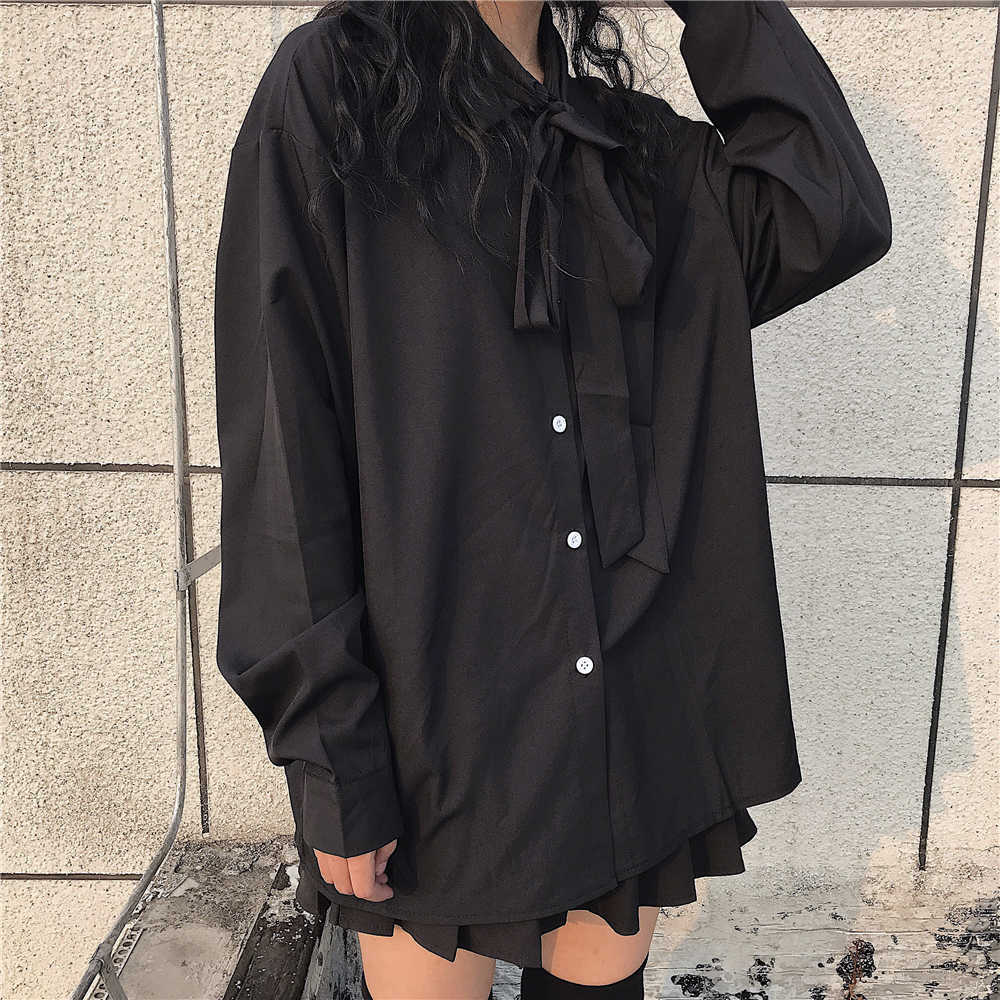 Autumn Retro Bow Tie Solid Full Shirt Loose Casual Women Blouses 210615Z