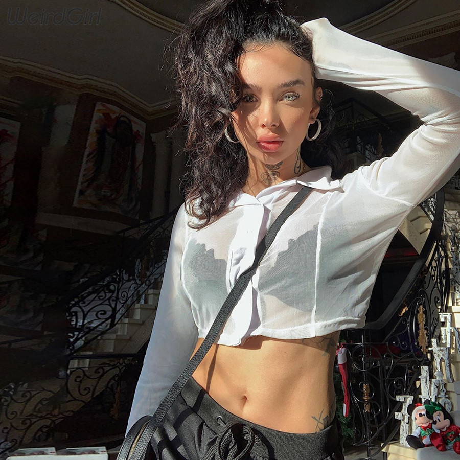 Women Mesh See Through Sexy Tshirts Long Sleeve Slim Summer Female Baisc Short Tees Party Night Club Harajuku Lady Tops T200512