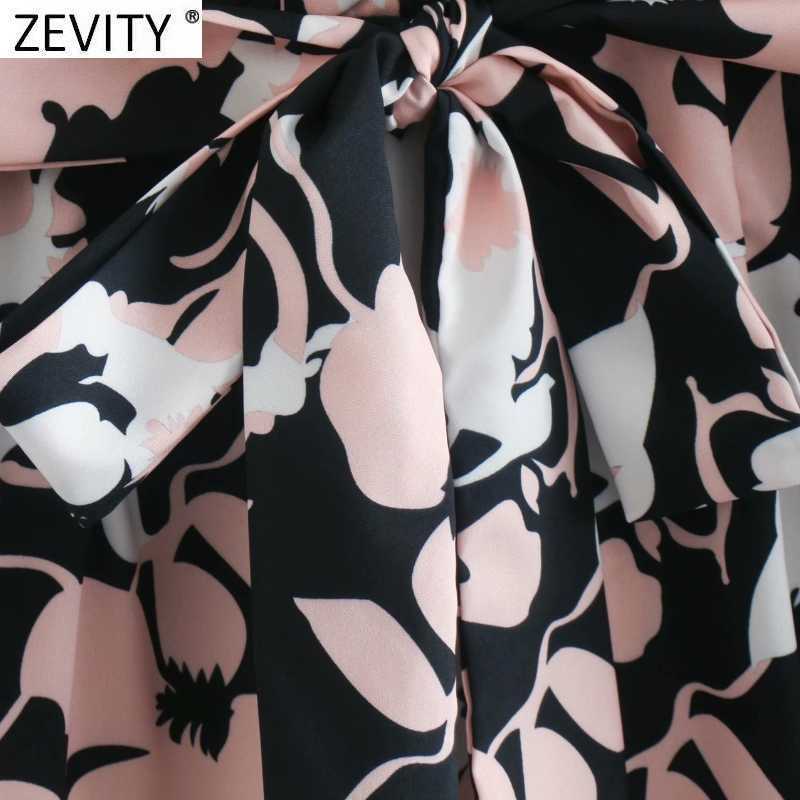 Zevity Women Vintage O Neck Flower Print Bow Tied Sashes Casual Slim Midi Dress Office Lady Long Sleeve Chic Vestido DS4810 210603