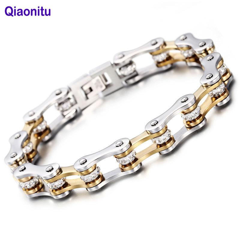 Link, Chain Gold Silver Crystals Bike Bracelets Stainless Steel Rhinestone Bicycle Biker Motorcycle Bracelet Bangle Women Men Jewelry
